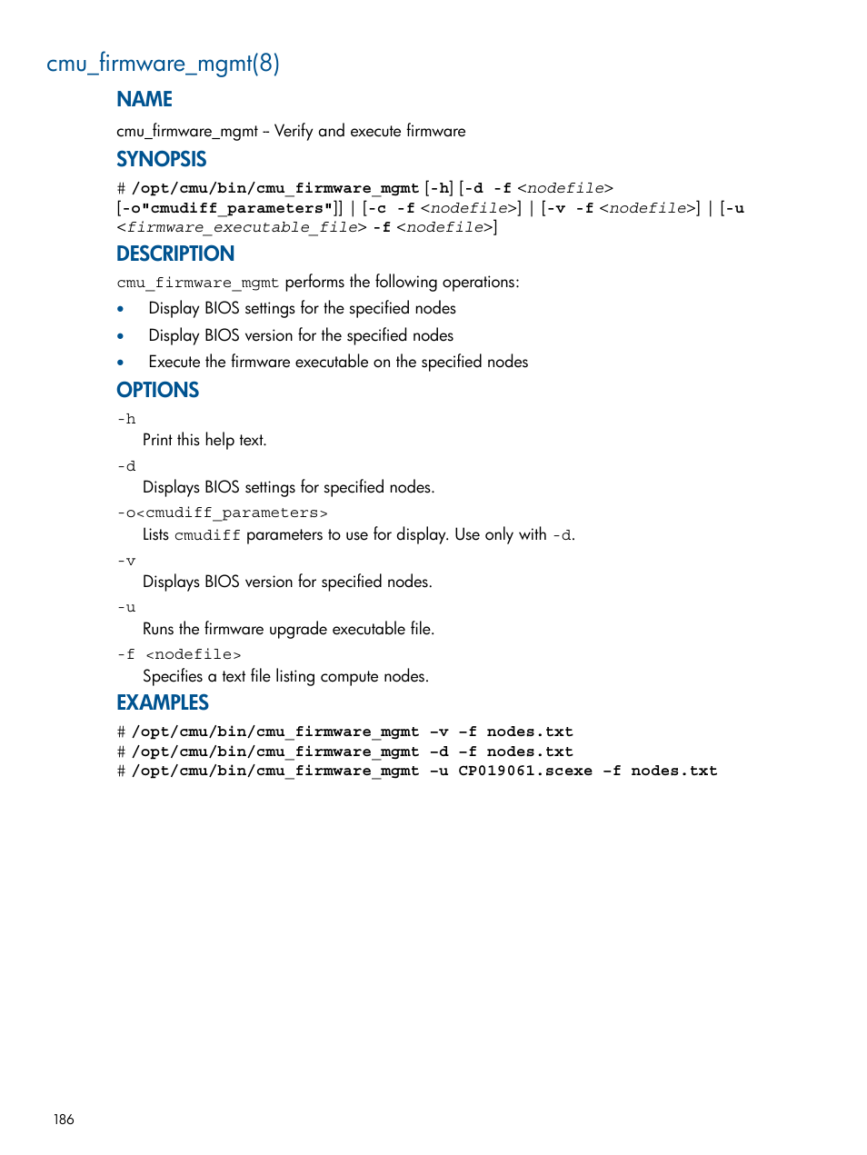 Cmu_firmware_mgmt(8), Name, Synopsis | Description, Options, Examples | HP Insight Cluster Management Utility User Manual | Page 186 / 191