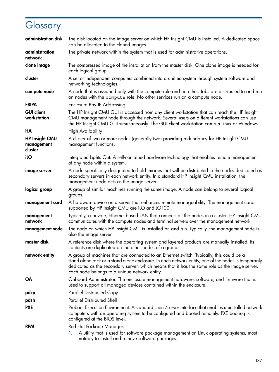 Glossary | HP Insight Cluster Management Utility User Manual | Page 187 / 191