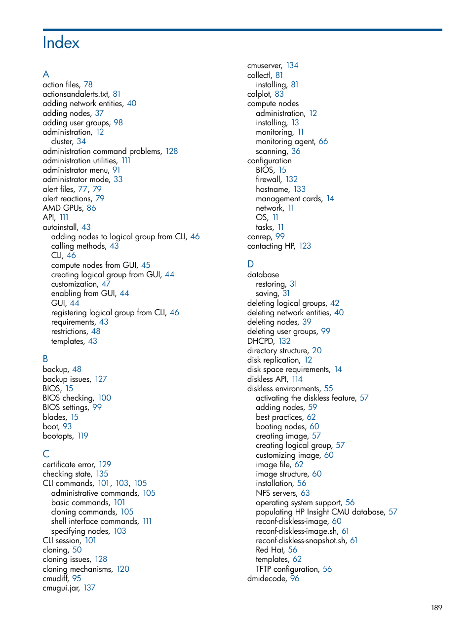 Index | HP Insight Cluster Management Utility User Manual | Page 189 / 191