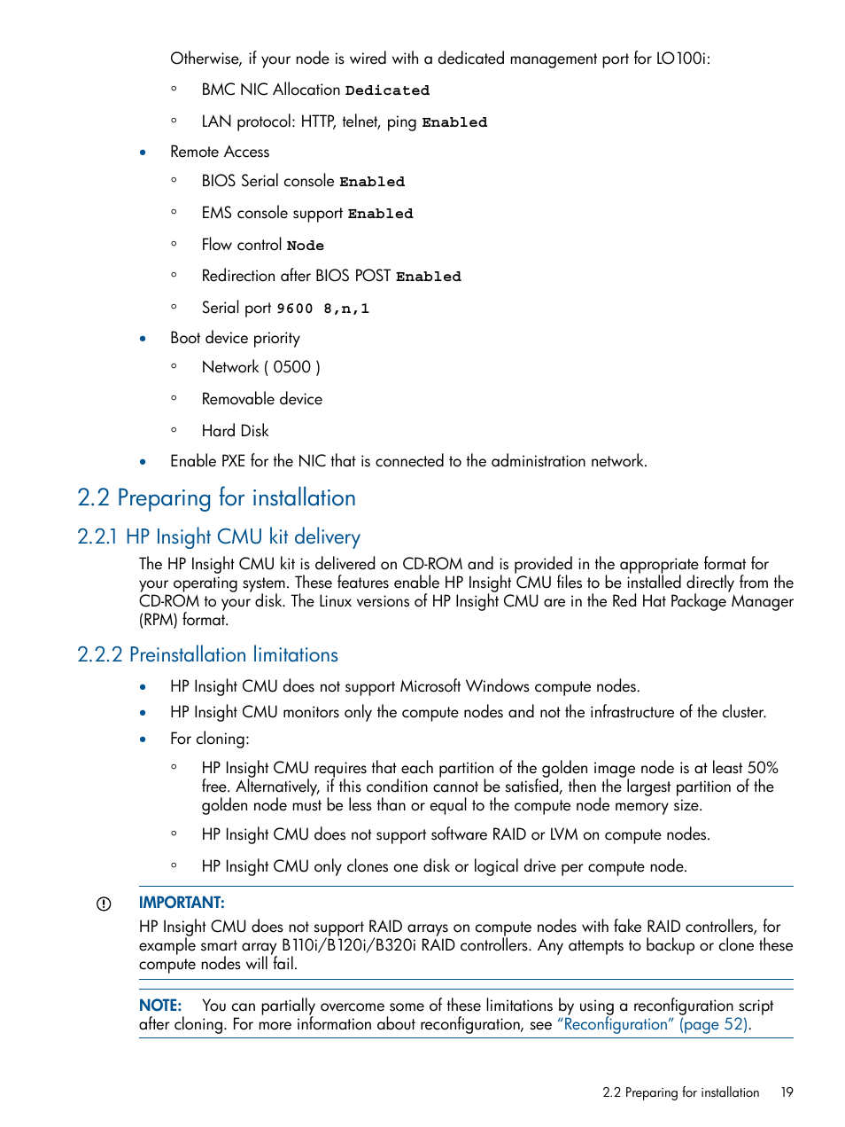 2 preparing for installation, 1 hp insight cmu kit delivery, 2 preinstallation limitations | HP Insight Cluster Management Utility User Manual | Page 19 / 191