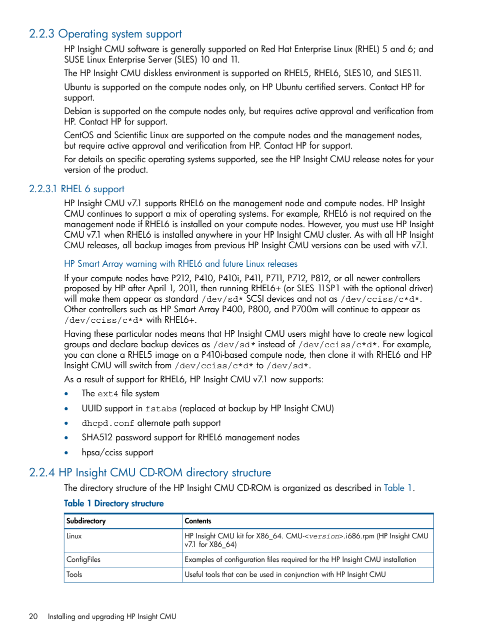 3 operating system support, 1 rhel 6 support, 4 hp insight cmu cd-rom directory structure | Directory structure | HP Insight Cluster Management Utility User Manual | Page 20 / 191