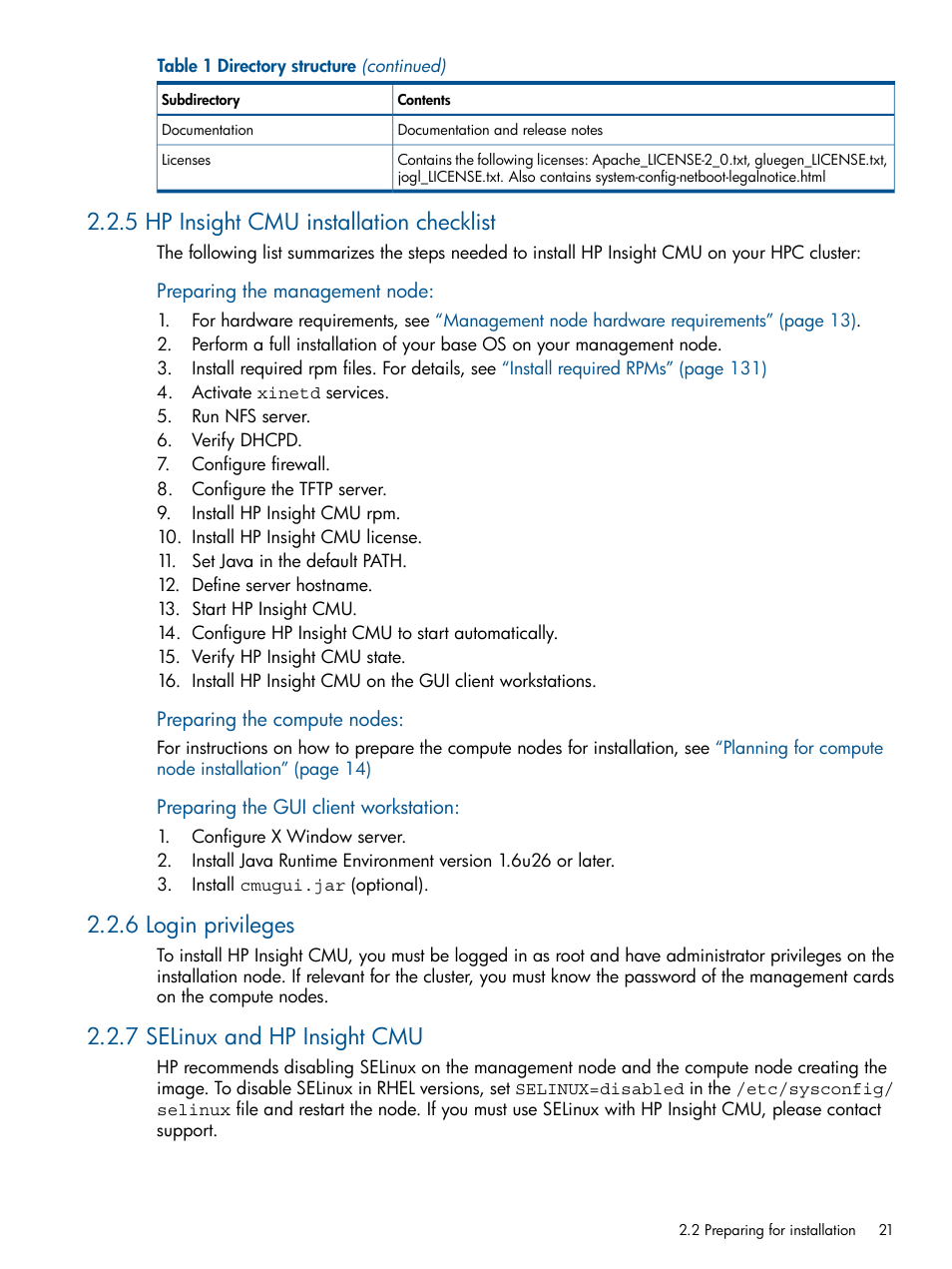 5 hp insight cmu installation checklist, 6 login privileges, 7 selinux and hp insight cmu | HP Insight Cluster Management Utility User Manual | Page 21 / 191