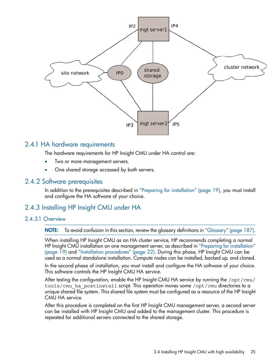 1 ha hardware requirements, 2 software prerequisites, 3 installing hp insight cmu under ha | 1 overview | HP Insight Cluster Management Utility User Manual | Page 25 / 191