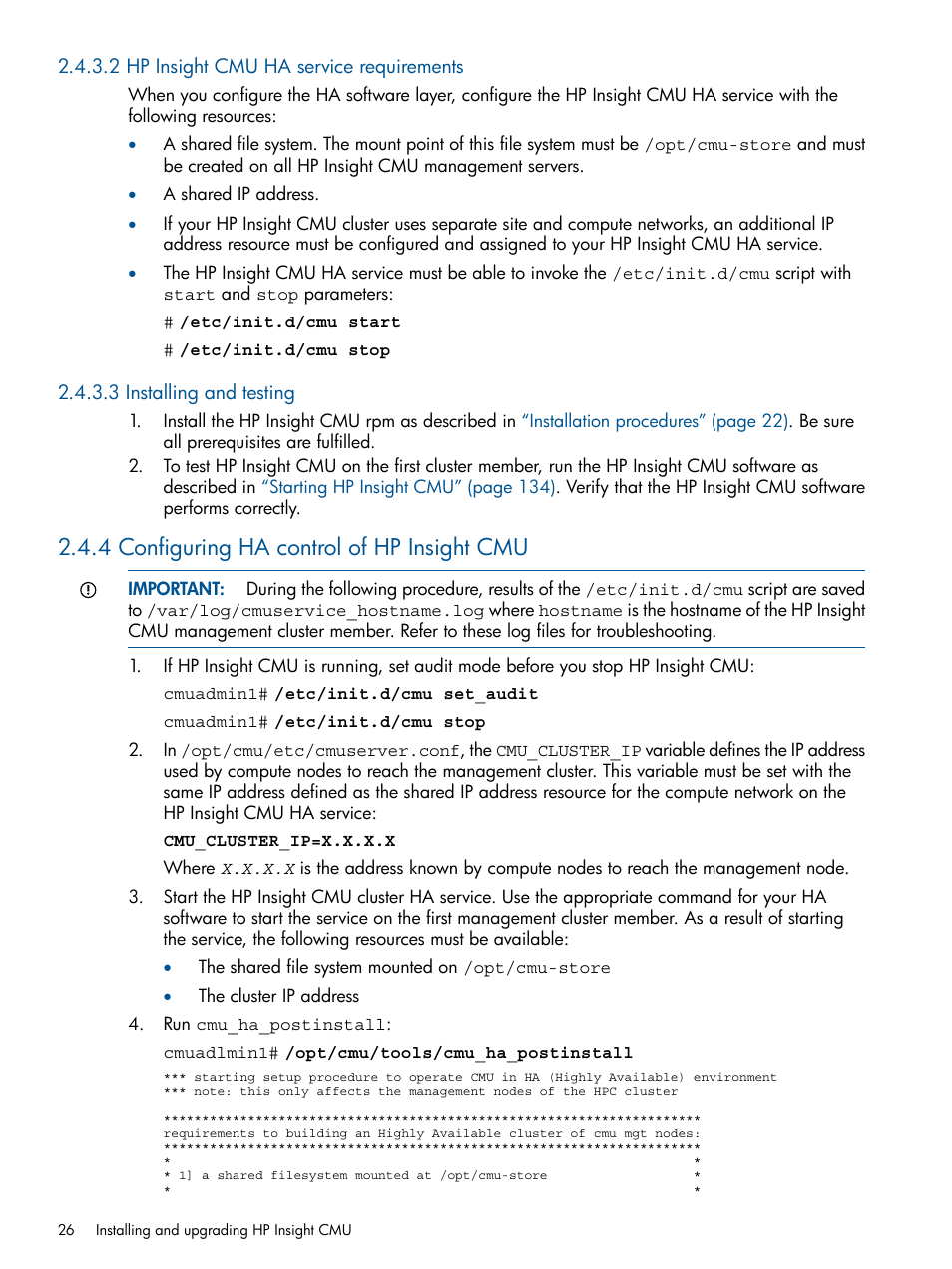 2 hp insight cmu ha service requirements, 3 installing and testing, 4 configuring ha control of hp insight cmu | HP Insight Cluster Management Utility User Manual | Page 26 / 191