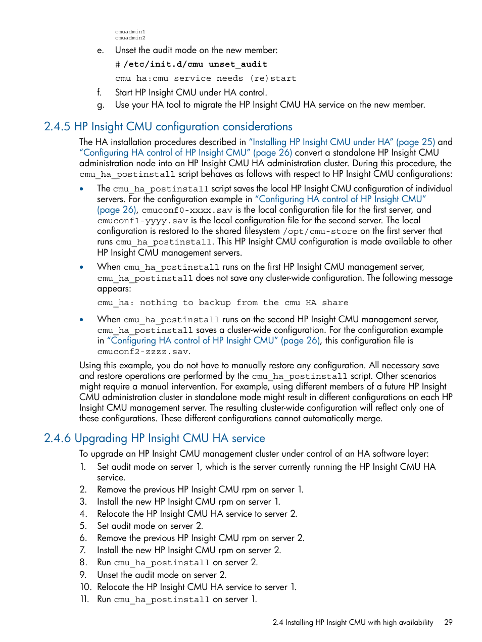 5 hp insight cmu configuration considerations, 6 upgrading hp insight cmu ha service | HP Insight Cluster Management Utility User Manual | Page 29 / 191