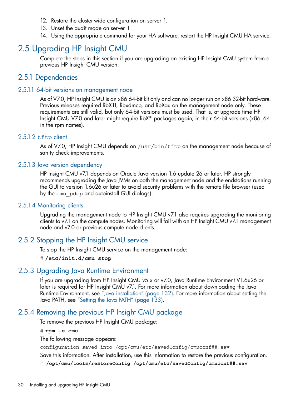 5 upgrading hp insight cmu, 1 dependencies, 1 64-bit versions on management node | 2 tftp client, 3 java version dependency, 4 monitoring clients, 2 stopping the hp insight cmu service, 3 upgrading java runtime environment, 4 removing the previous hp insight cmu package | HP Insight Cluster Management Utility User Manual | Page 30 / 191