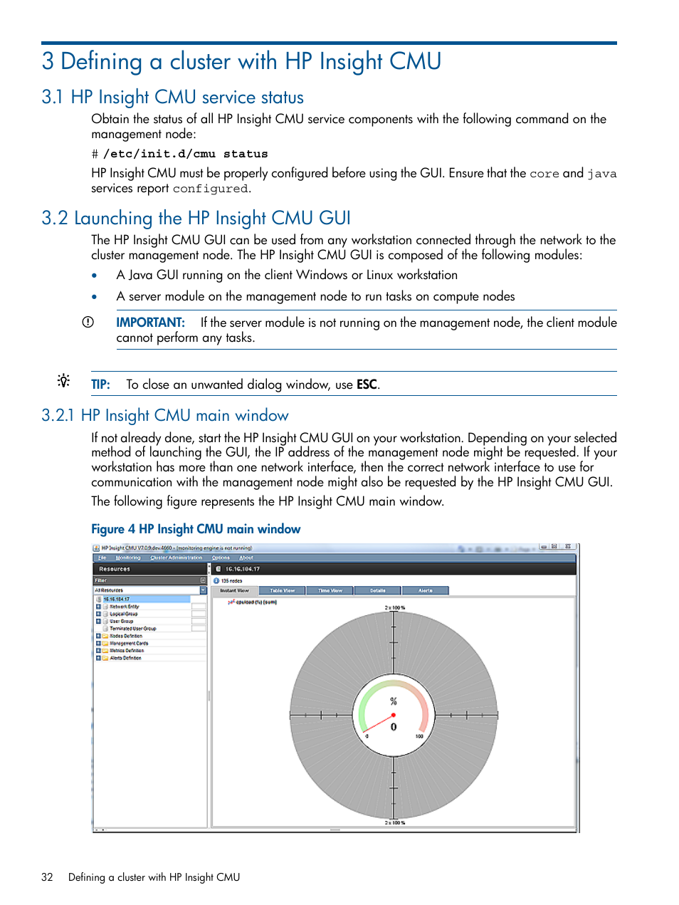 3 defining a cluster with hp insight cmu, 1 hp insight cmu service status, 2 launching the hp insight cmu gui | 1 hp insight cmu main window, Hp insight cmu main window | HP Insight Cluster Management Utility User Manual | Page 32 / 191