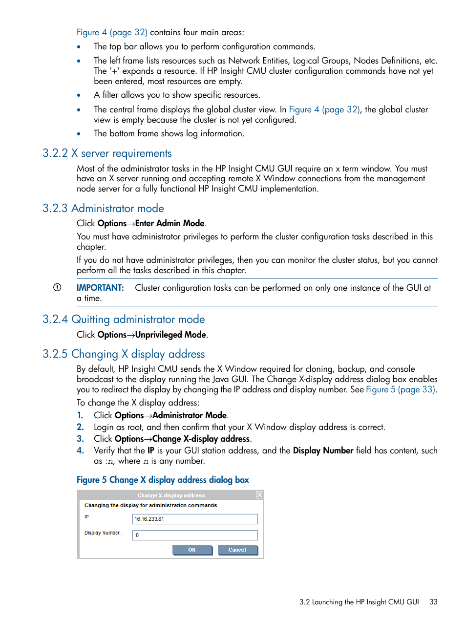 2 x server requirements, 3 administrator mode, 4 quitting administrator mode | 5 changing x display address, Change x display address dialog box | HP Insight Cluster Management Utility User Manual | Page 33 / 191