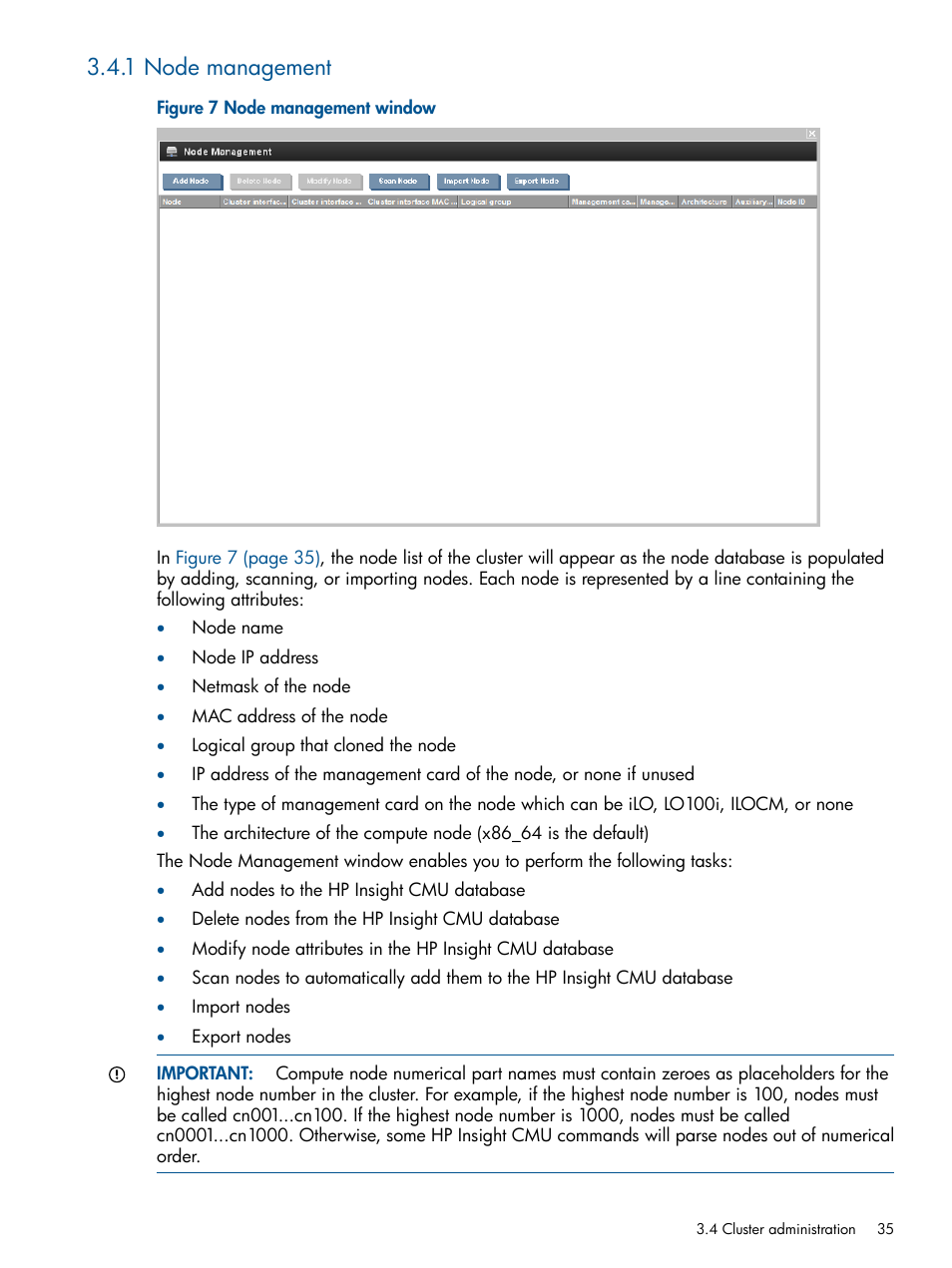 1 node management, Node management window | HP Insight Cluster Management Utility User Manual | Page 35 / 191