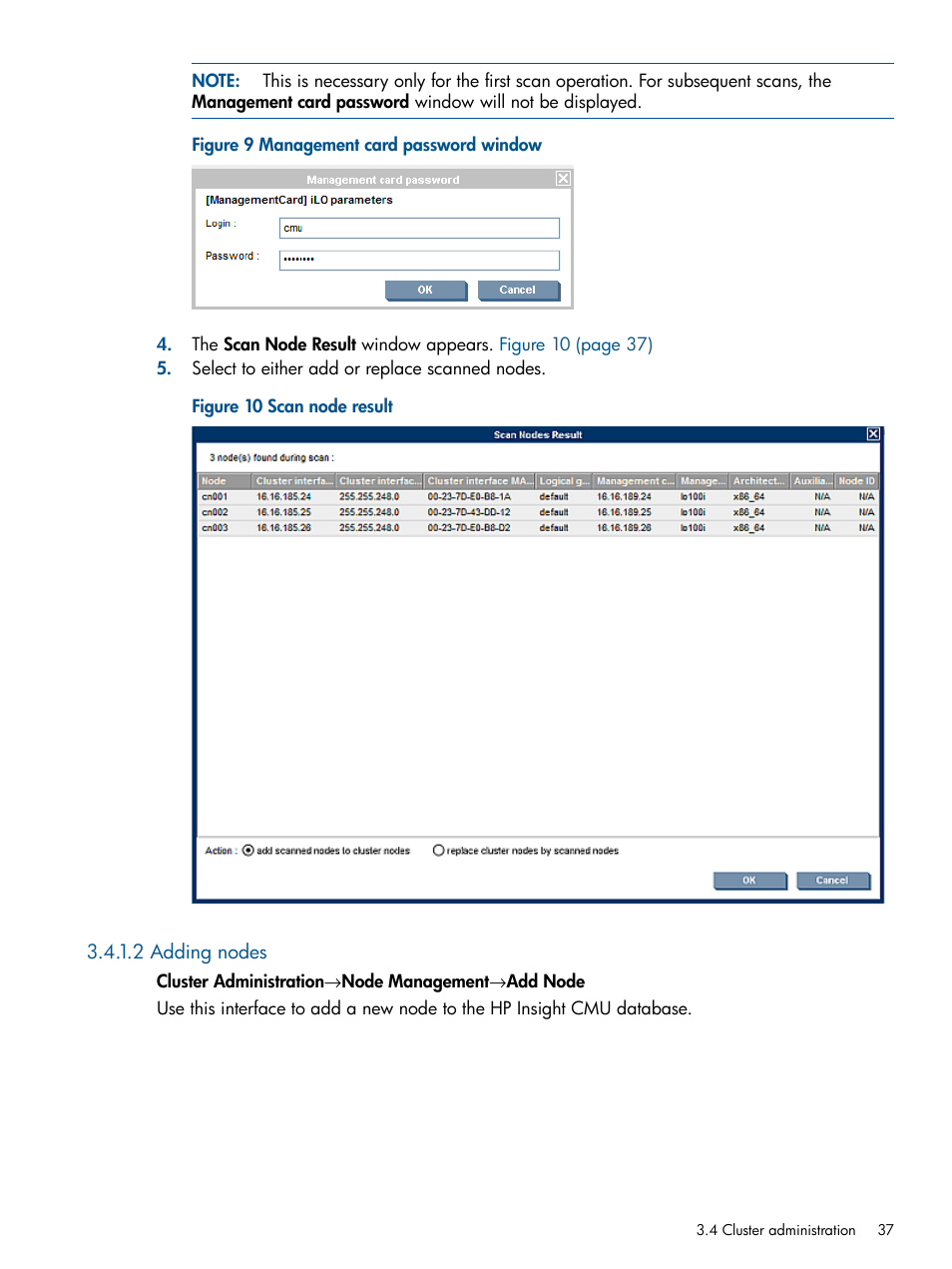 2 adding nodes, Management card password window, Scan node result | HP Insight Cluster Management Utility User Manual | Page 37 / 191