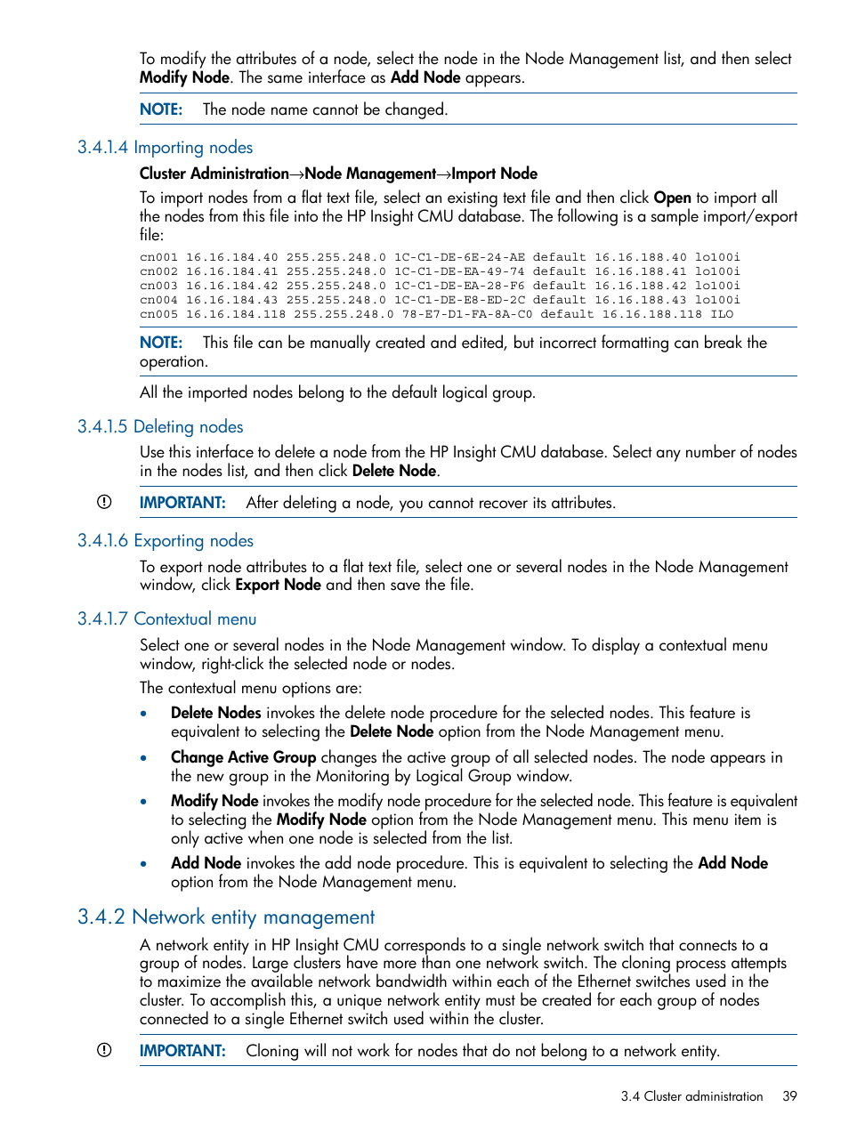 4 importing nodes, 5 deleting nodes, 6 exporting nodes | 7 contextual menu, 2 network entity management | HP Insight Cluster Management Utility User Manual | Page 39 / 191