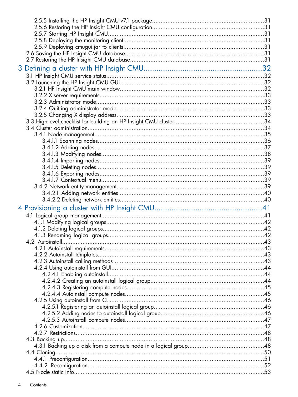 3 defining a cluster with hp insight cmu, 4 provisioning a cluster with hp insight cmu | HP Insight Cluster Management Utility User Manual | Page 4 / 191