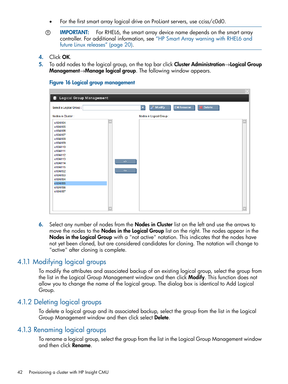 1 modifying logical groups, 2 deleting logical groups, 3 renaming logical groups | Logical group management | HP Insight Cluster Management Utility User Manual | Page 42 / 191