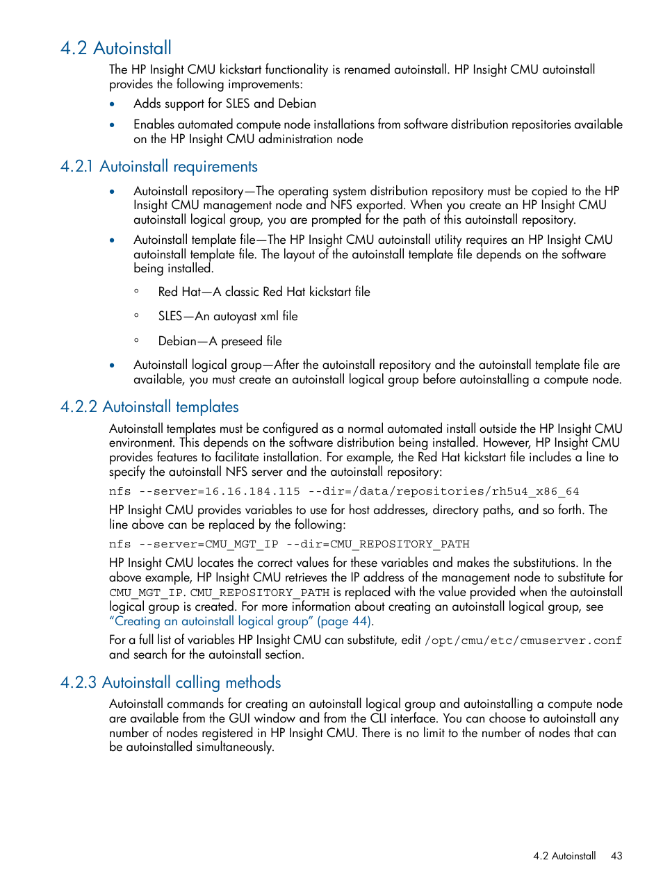 2 autoinstall, 1 autoinstall requirements, 2 autoinstall templates | 3 autoinstall calling methods | HP Insight Cluster Management Utility User Manual | Page 43 / 191