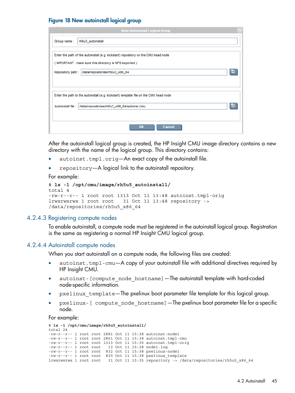 3 registering compute nodes, 4 autoinstall compute nodes, New autoinstall logical group | HP Insight Cluster Management Utility User Manual | Page 45 / 191