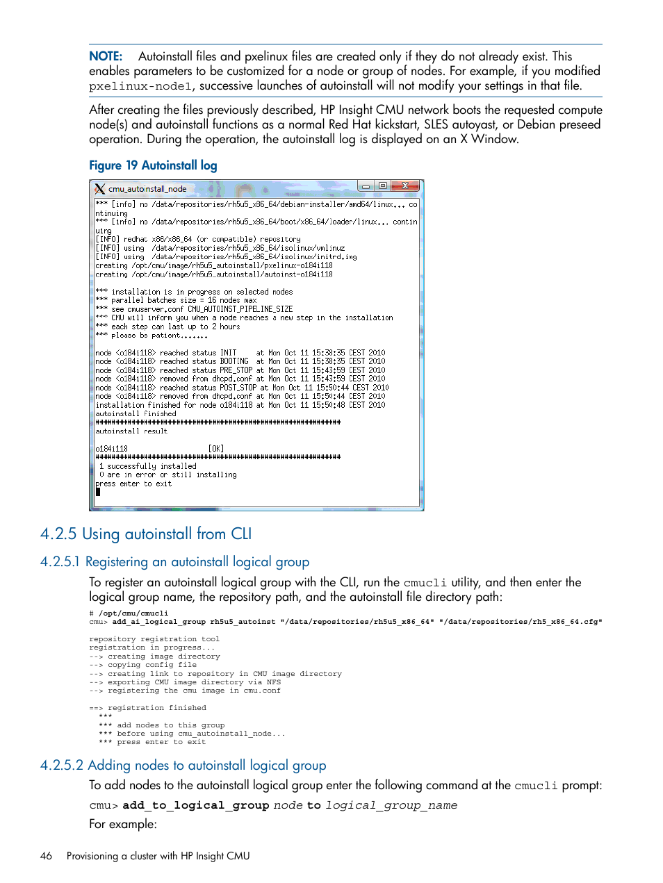 5 using autoinstall from cli, 1 registering an autoinstall logical group, 2 adding nodes to autoinstall logical group | Autoinstall log | HP Insight Cluster Management Utility User Manual | Page 46 / 191