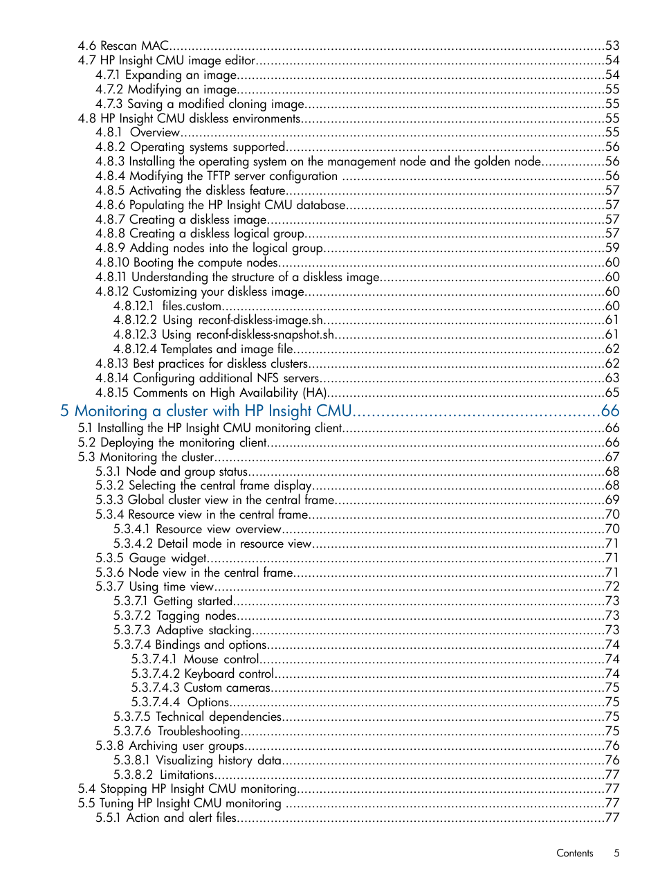 5 monitoring a cluster with hp insight cmu | HP Insight Cluster Management Utility User Manual | Page 5 / 191