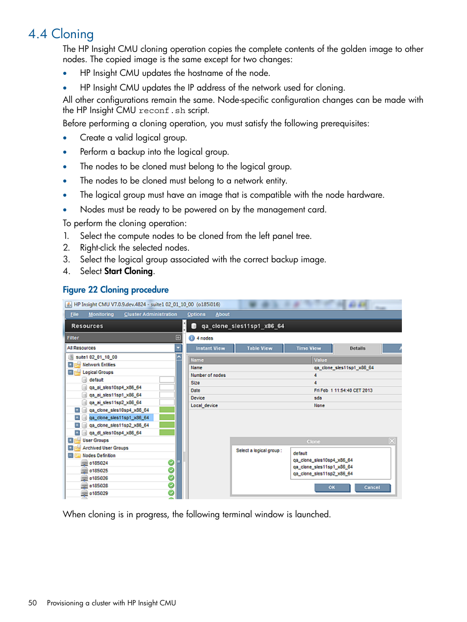 4 cloning, Cloning procedure | HP Insight Cluster Management Utility User Manual | Page 50 / 191