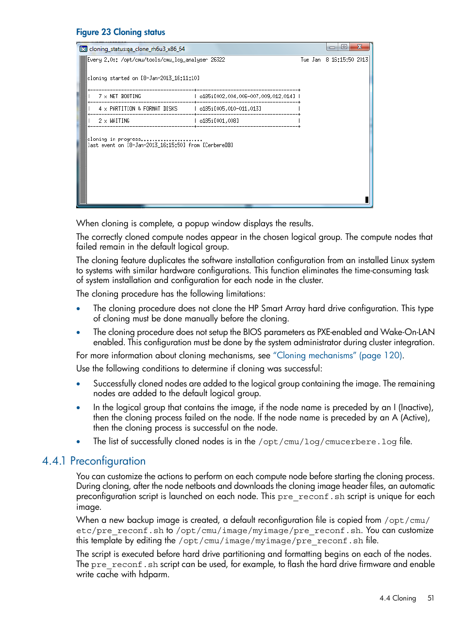 1 preconfiguration, Cloning status | HP Insight Cluster Management Utility User Manual | Page 51 / 191