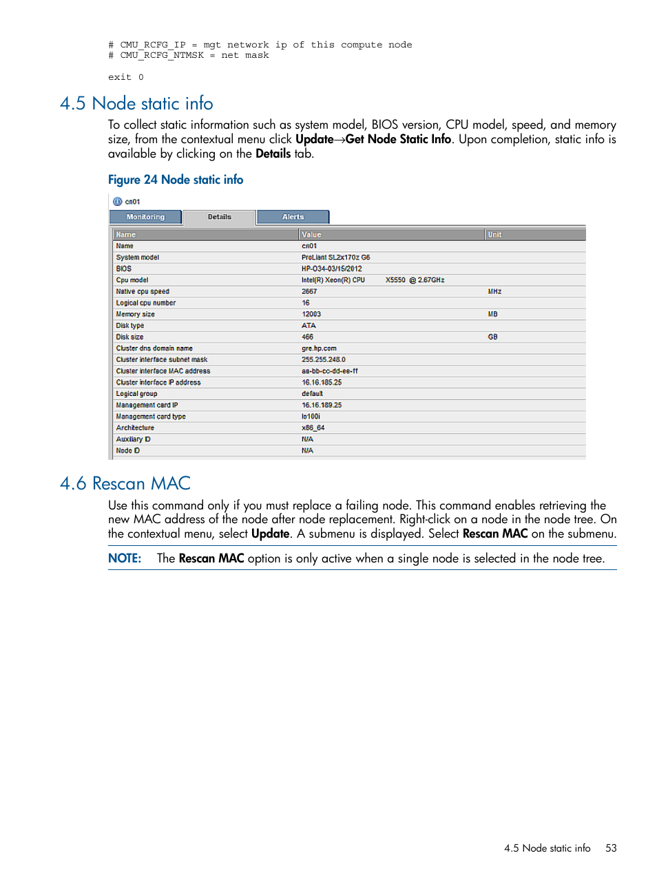 5 node static info, 6 rescan mac, Node static info | HP Insight Cluster Management Utility User Manual | Page 53 / 191