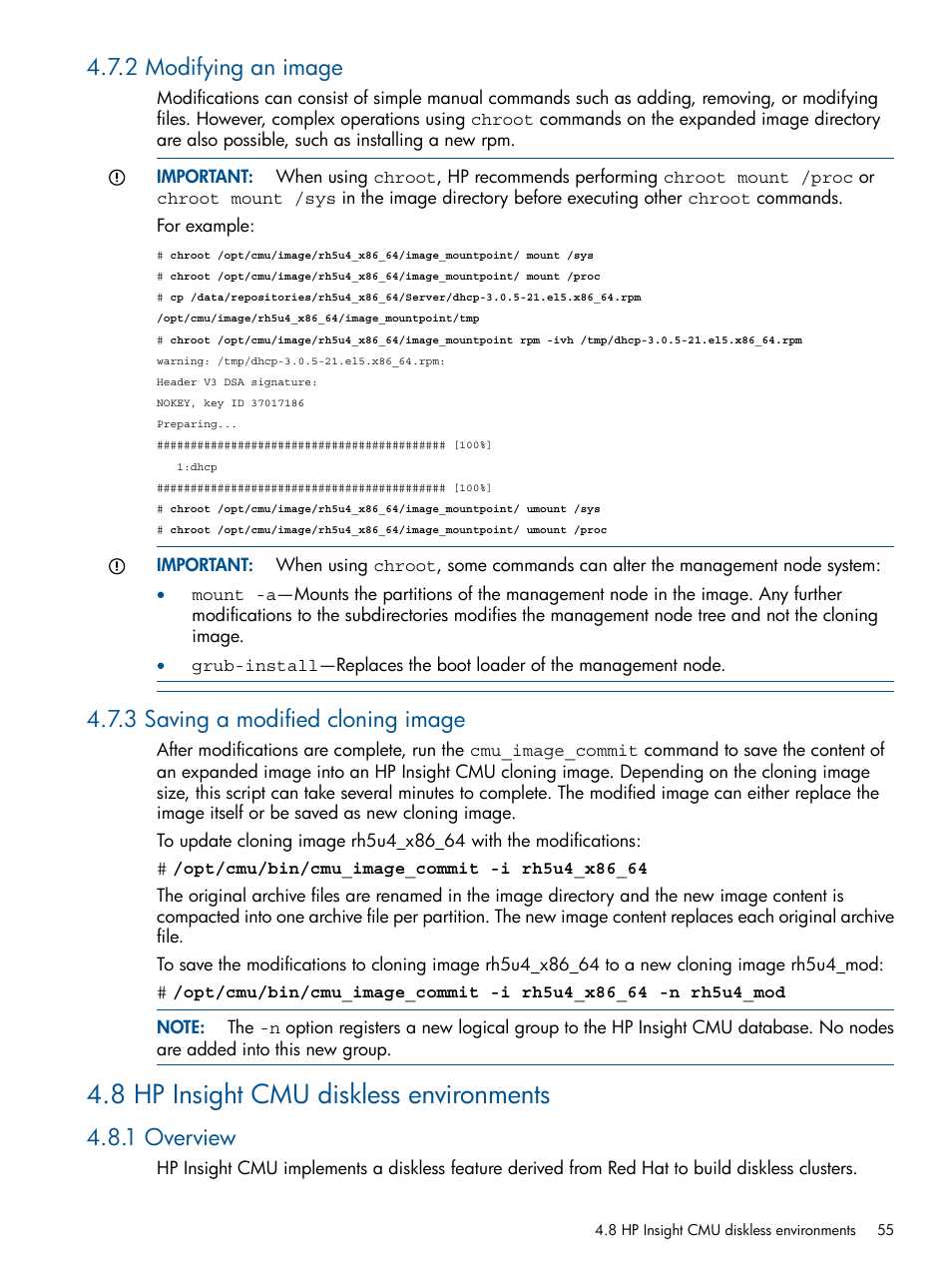 2 modifying an image, 3 saving a modified cloning image, 8 hp insight cmu diskless environments | 1 overview | HP Insight Cluster Management Utility User Manual | Page 55 / 191