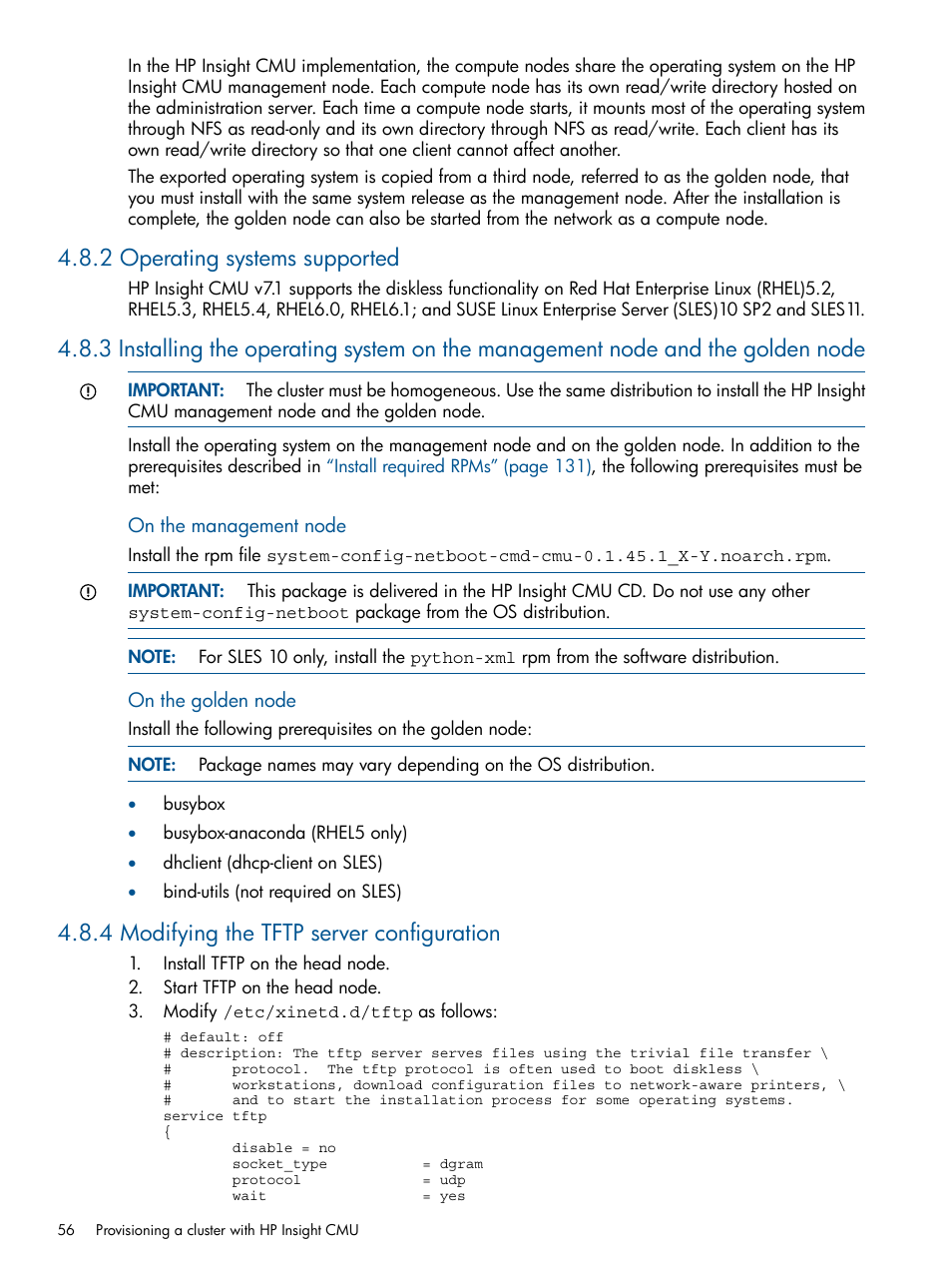 2 operating systems supported, 4 modifying the tftp server configuration | HP Insight Cluster Management Utility User Manual | Page 56 / 191