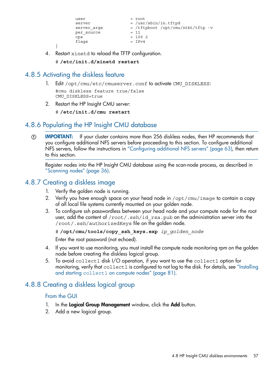 5 activating the diskless feature, 6 populating the hp insight cmu database, 7 creating a diskless image | 8 creating a diskless logical group | HP Insight Cluster Management Utility User Manual | Page 57 / 191