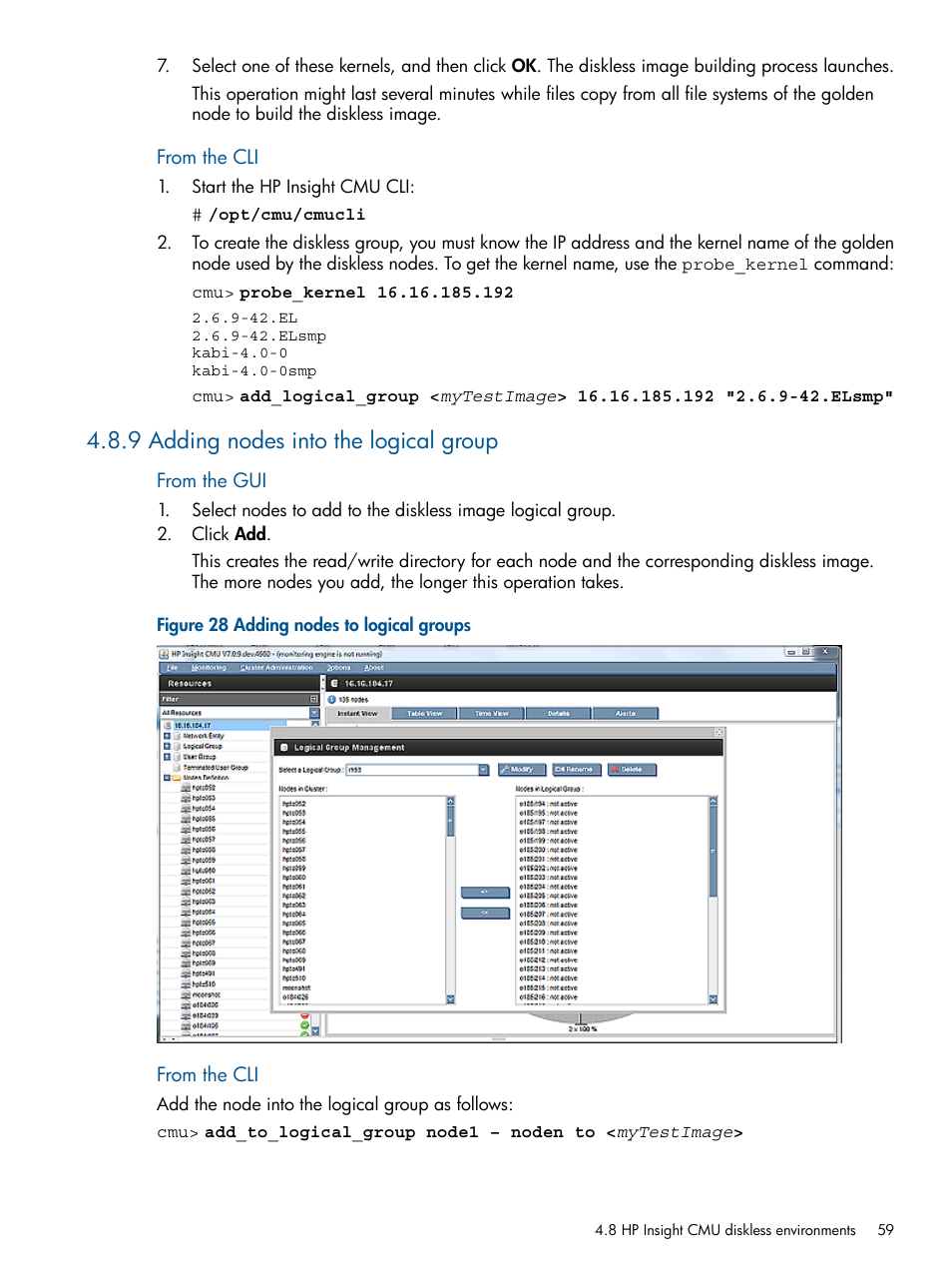 9 adding nodes into the logical group, Adding nodes to logical groups | HP Insight Cluster Management Utility User Manual | Page 59 / 191