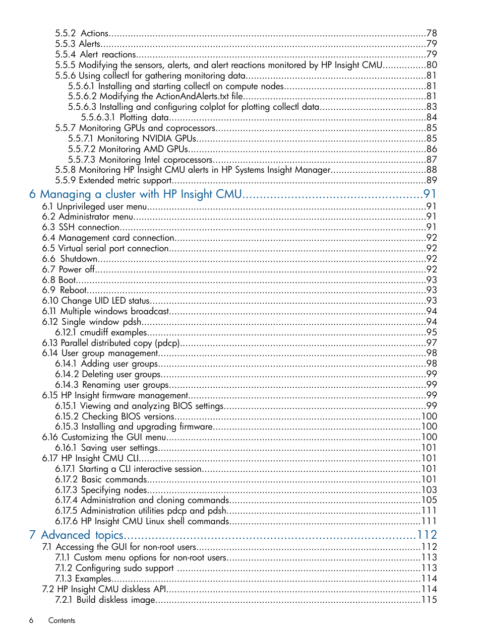 6 managing a cluster with hp insight cmu, 7 advanced topics | HP Insight Cluster Management Utility User Manual | Page 6 / 191