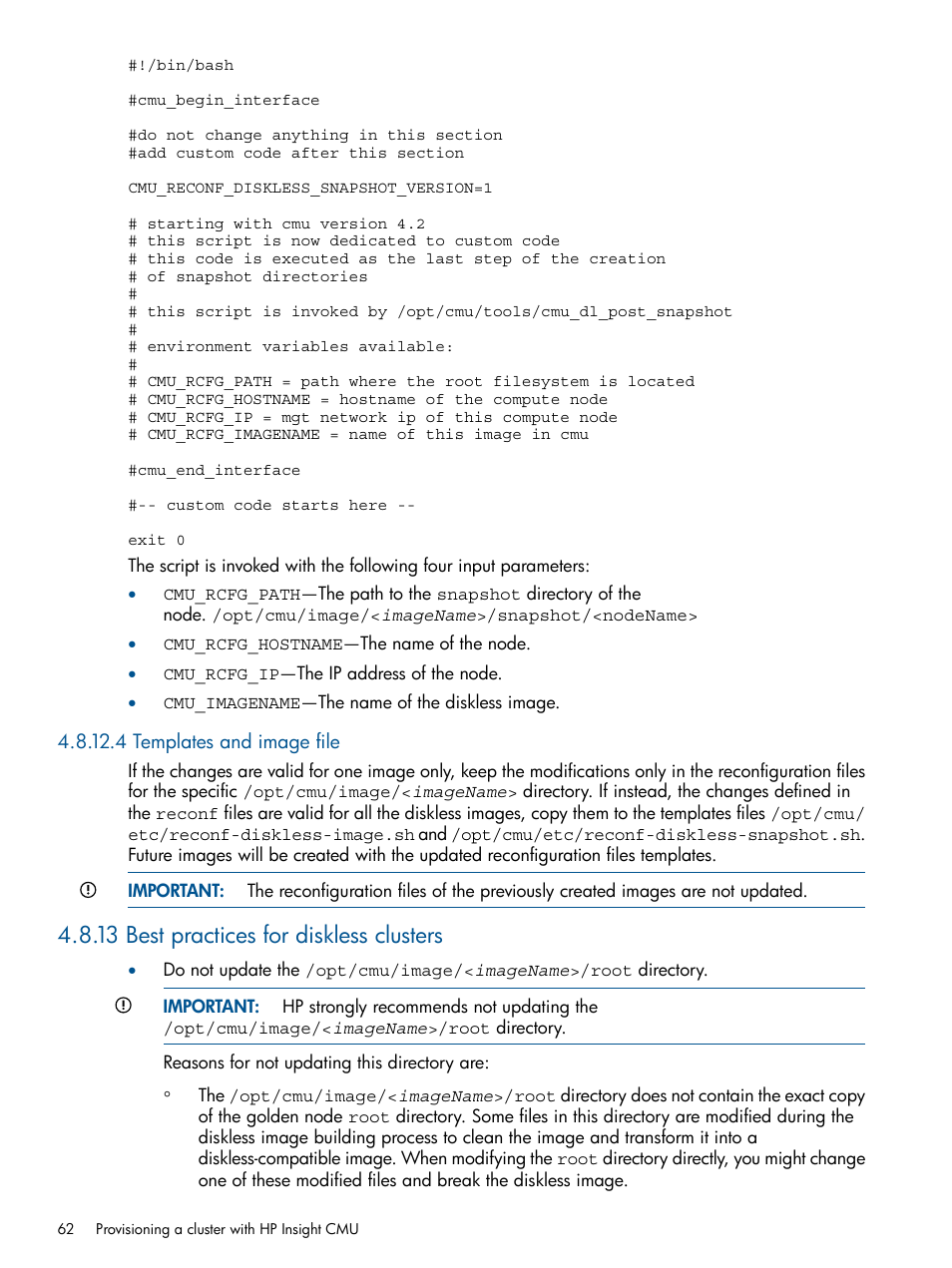 4 templates and image file, 13 best practices for diskless clusters | HP Insight Cluster Management Utility User Manual | Page 62 / 191