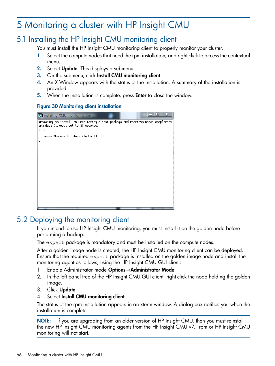 5 monitoring a cluster with hp insight cmu, 1 installing the hp insight cmu monitoring client, 2 deploying the monitoring client | Monitoring client installation, Deploying the | HP Insight Cluster Management Utility User Manual | Page 66 / 191