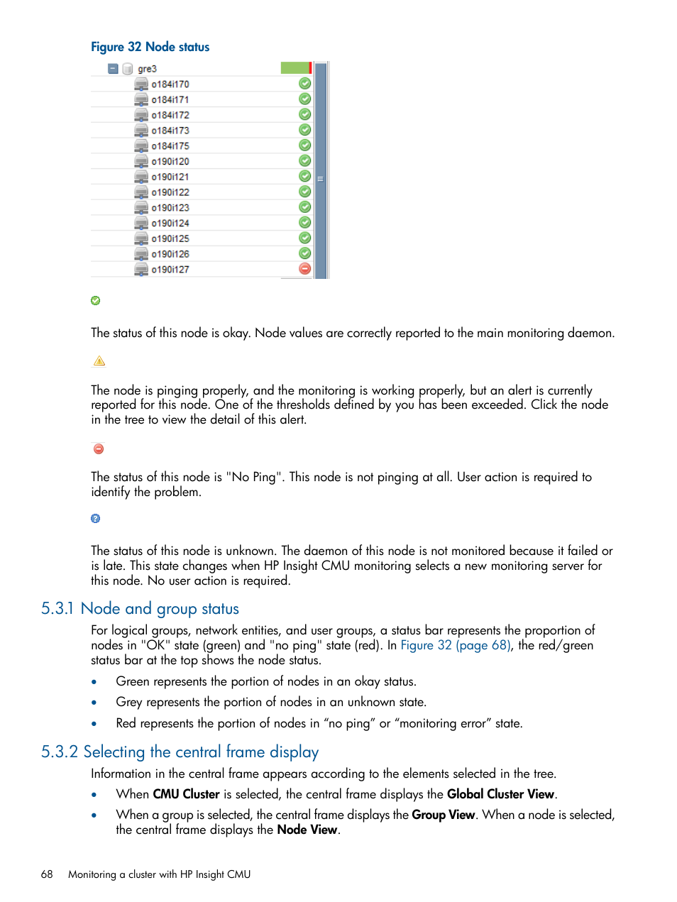 1 node and group status, 2 selecting the central frame display, Node status | HP Insight Cluster Management Utility User Manual | Page 68 / 191