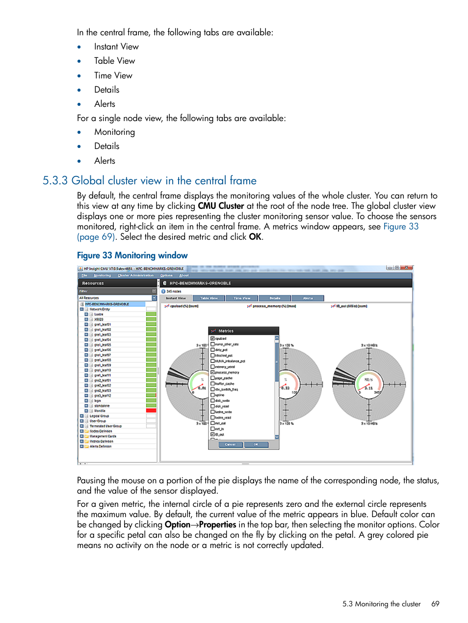 3 global cluster view in the central frame, Monitoring window | HP Insight Cluster Management Utility User Manual | Page 69 / 191