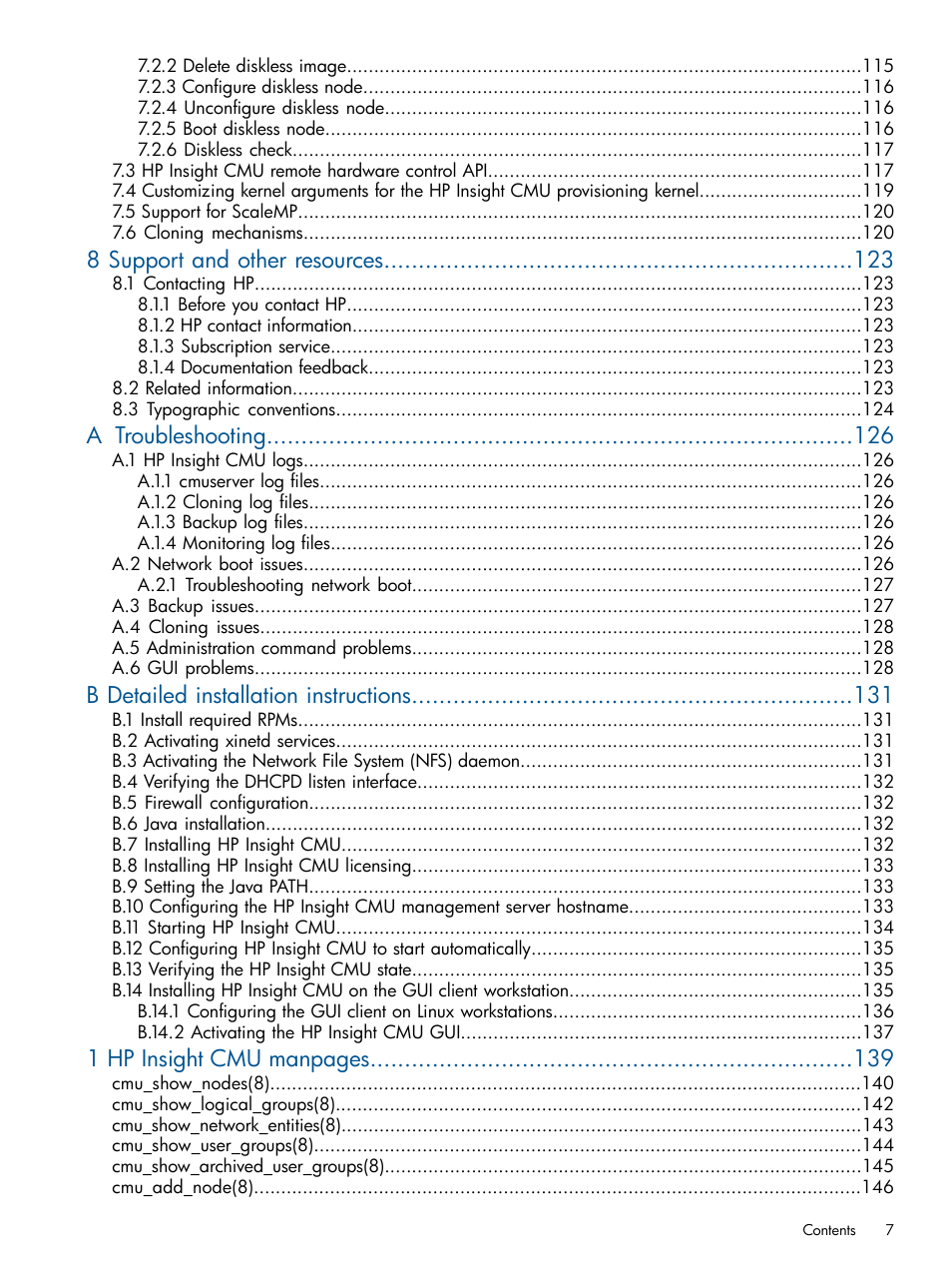 8 support and other resources, A troubleshooting, B detailed installation instructions | 1 hp insight cmu manpages | HP Insight Cluster Management Utility User Manual | Page 7 / 191