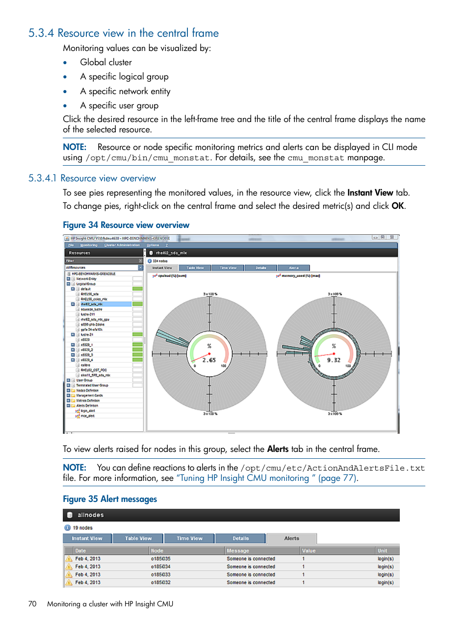 4 resource view in the central frame, 1 resource view overview, Resource view overview | Alert messages | HP Insight Cluster Management Utility User Manual | Page 70 / 191