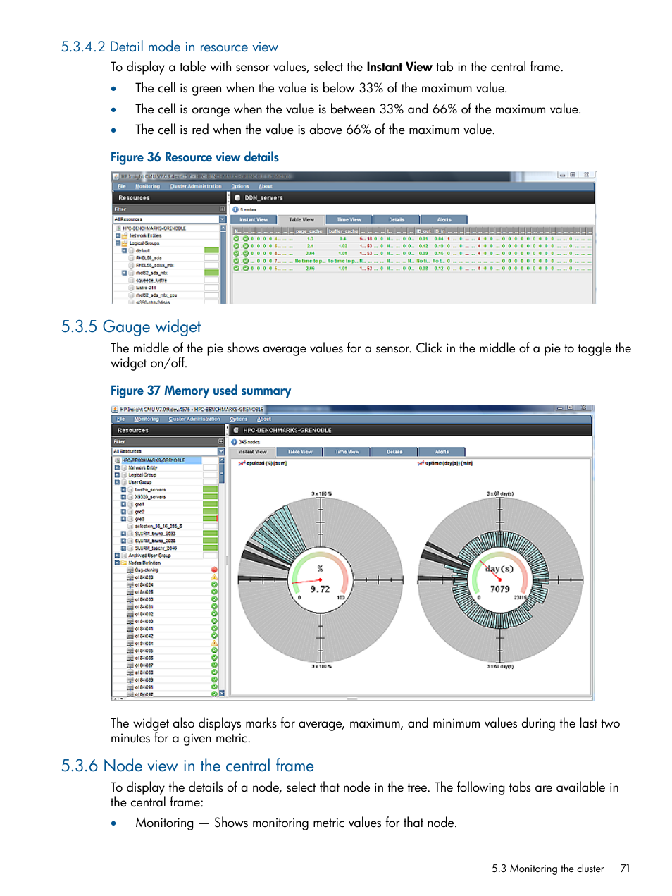 2 detail mode in resource view, 5 gauge widget, 6 node view in the central frame | Resource view details, Memory used summary | HP Insight Cluster Management Utility User Manual | Page 71 / 191