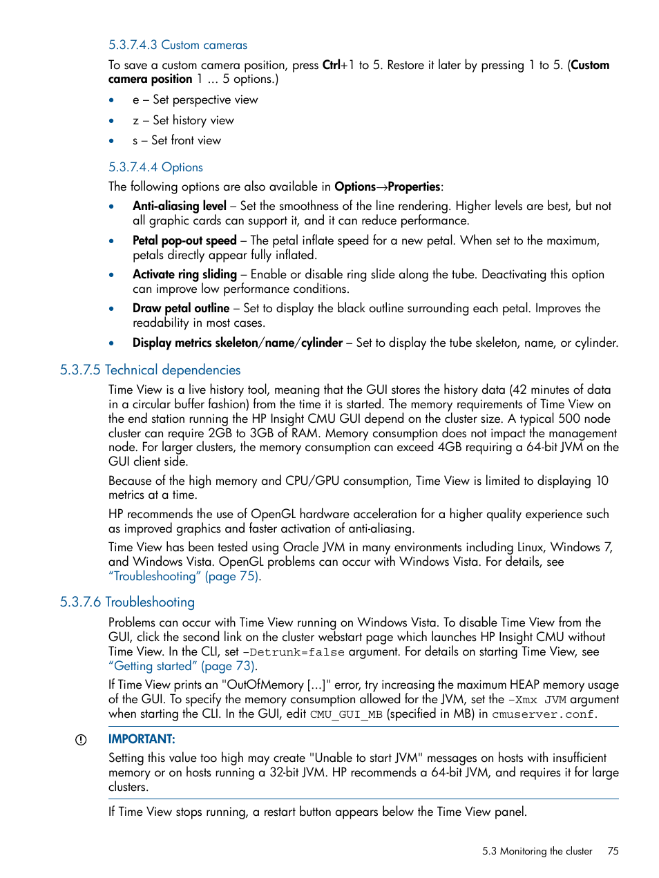 3 custom cameras, 4 options, 5 technical dependencies | 6 troubleshooting, 3 custom cameras 5.3.7.4.4 options, 5 technical dependencies 5.3.7.6 troubleshooting | HP Insight Cluster Management Utility User Manual | Page 75 / 191