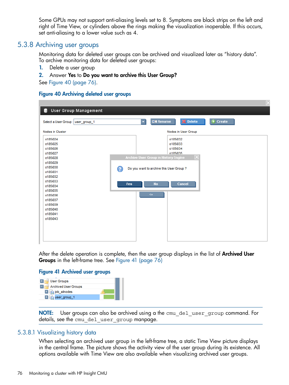 8 archiving user groups, 1 visualizing history data, Archiving deleted user groups | Archived user groups | HP Insight Cluster Management Utility User Manual | Page 76 / 191