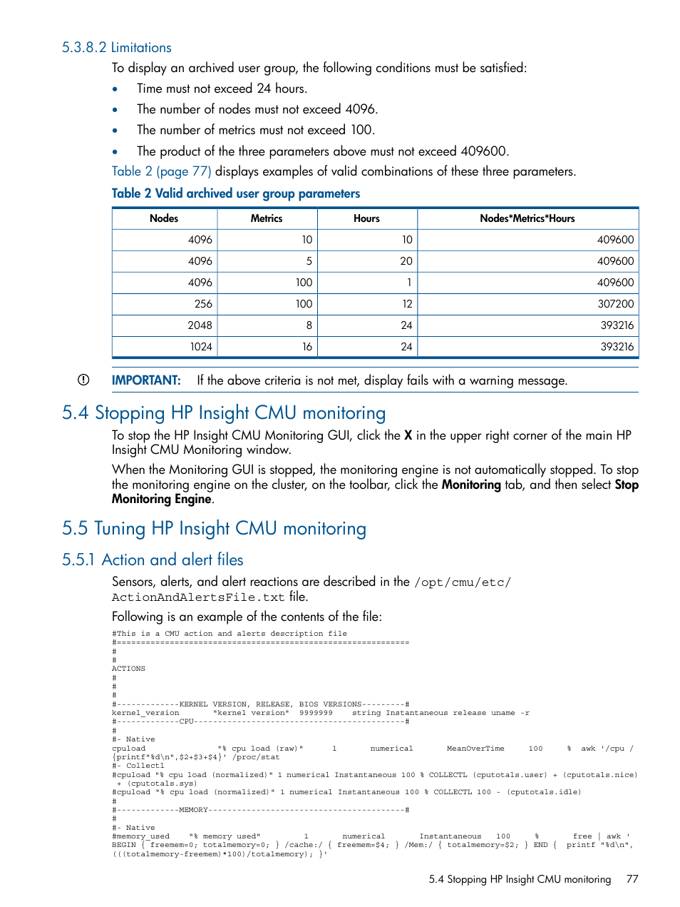 2 limitations, 4 stopping hp insight cmu monitoring, 5 tuning hp insight cmu monitoring | 1 action and alert files, Valid archived user group parameters | HP Insight Cluster Management Utility User Manual | Page 77 / 191