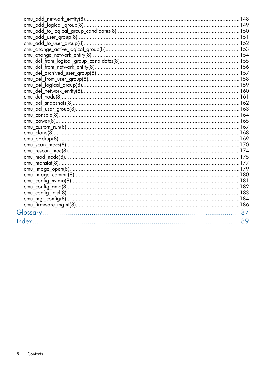 Glossary index | HP Insight Cluster Management Utility User Manual | Page 8 / 191