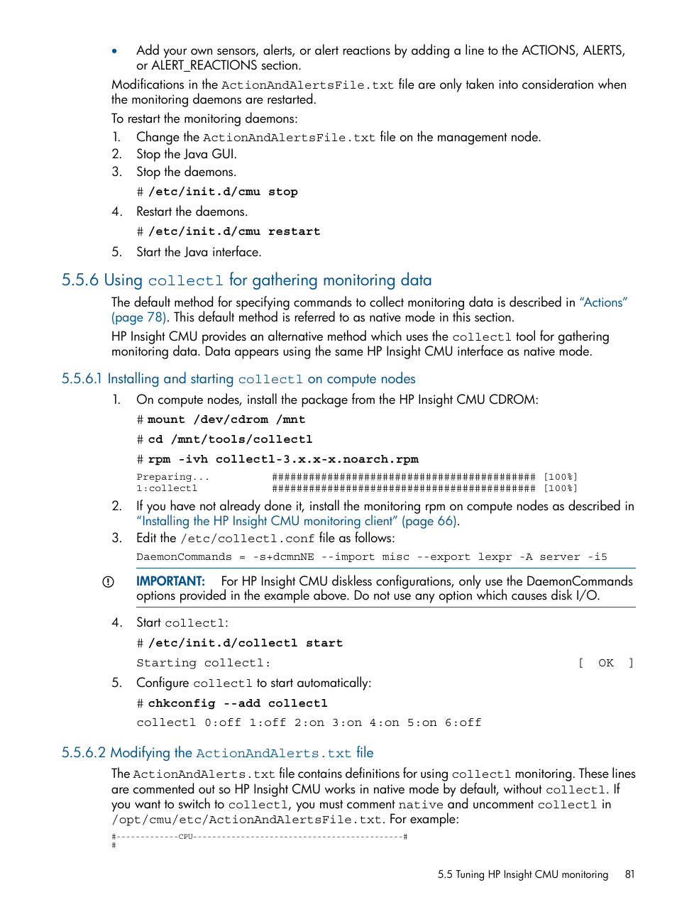 6 using collectl for gathering monitoring data, 2 modifying the actionandalerts.txt file, Installing | HP Insight Cluster Management Utility User Manual | Page 81 / 191