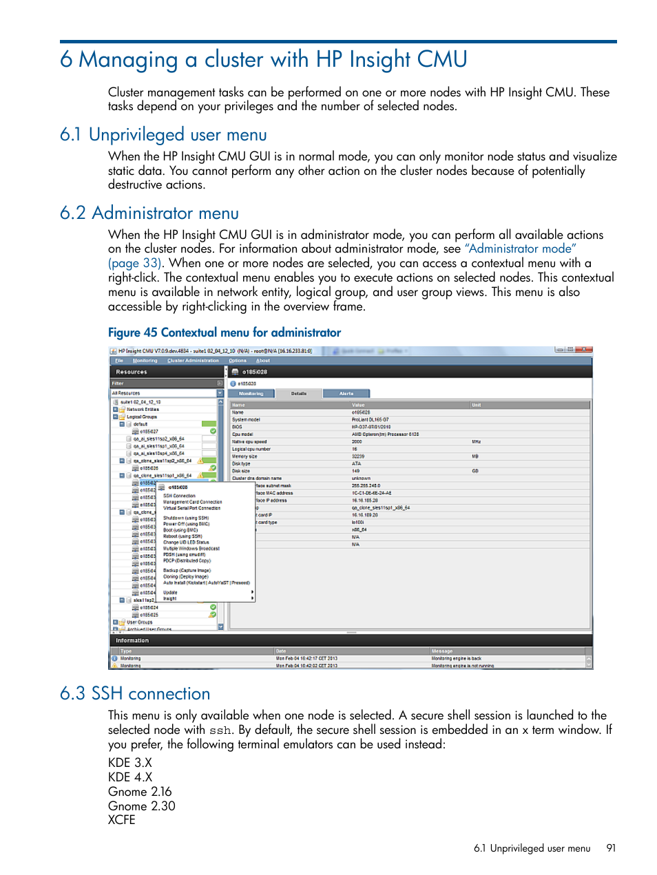 6 managing a cluster with hp insight cmu, 1 unprivileged user menu, 2 administrator menu | 3 ssh connection, Contextual menu for administrator | HP Insight Cluster Management Utility User Manual | Page 91 / 191