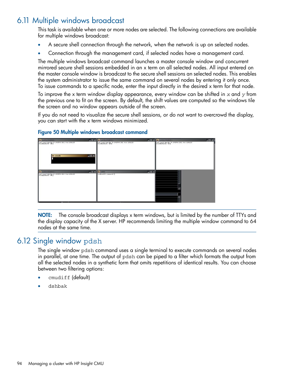 11 multiple windows broadcast, 12 single window pdsh, Multiple windows broadcast command | HP Insight Cluster Management Utility User Manual | Page 94 / 191