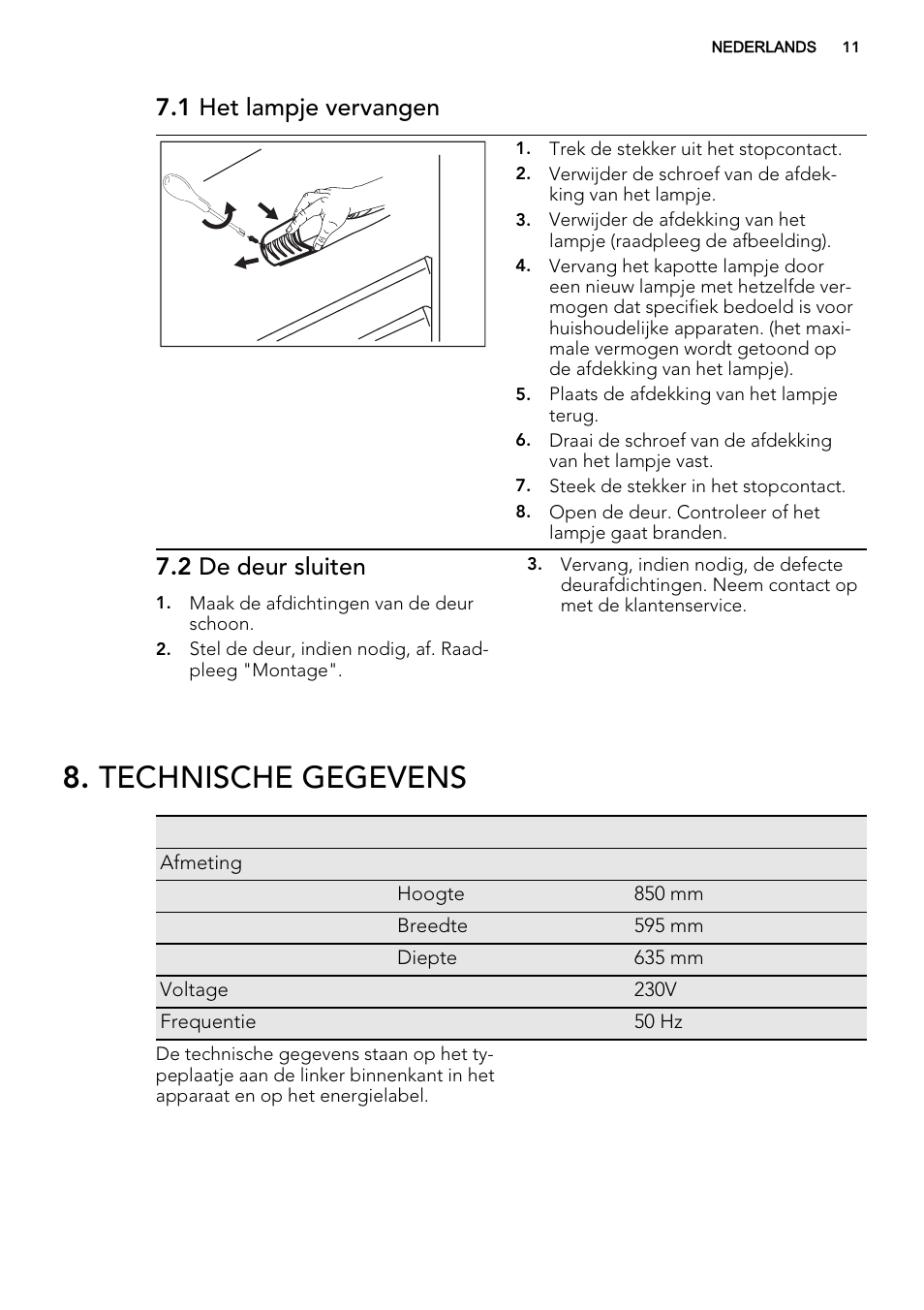 Technische gegevens, 1 het lampje vervangen, 2 de deur sluiten | AEG S71700TSX0 User Manual | Page 11 / 72