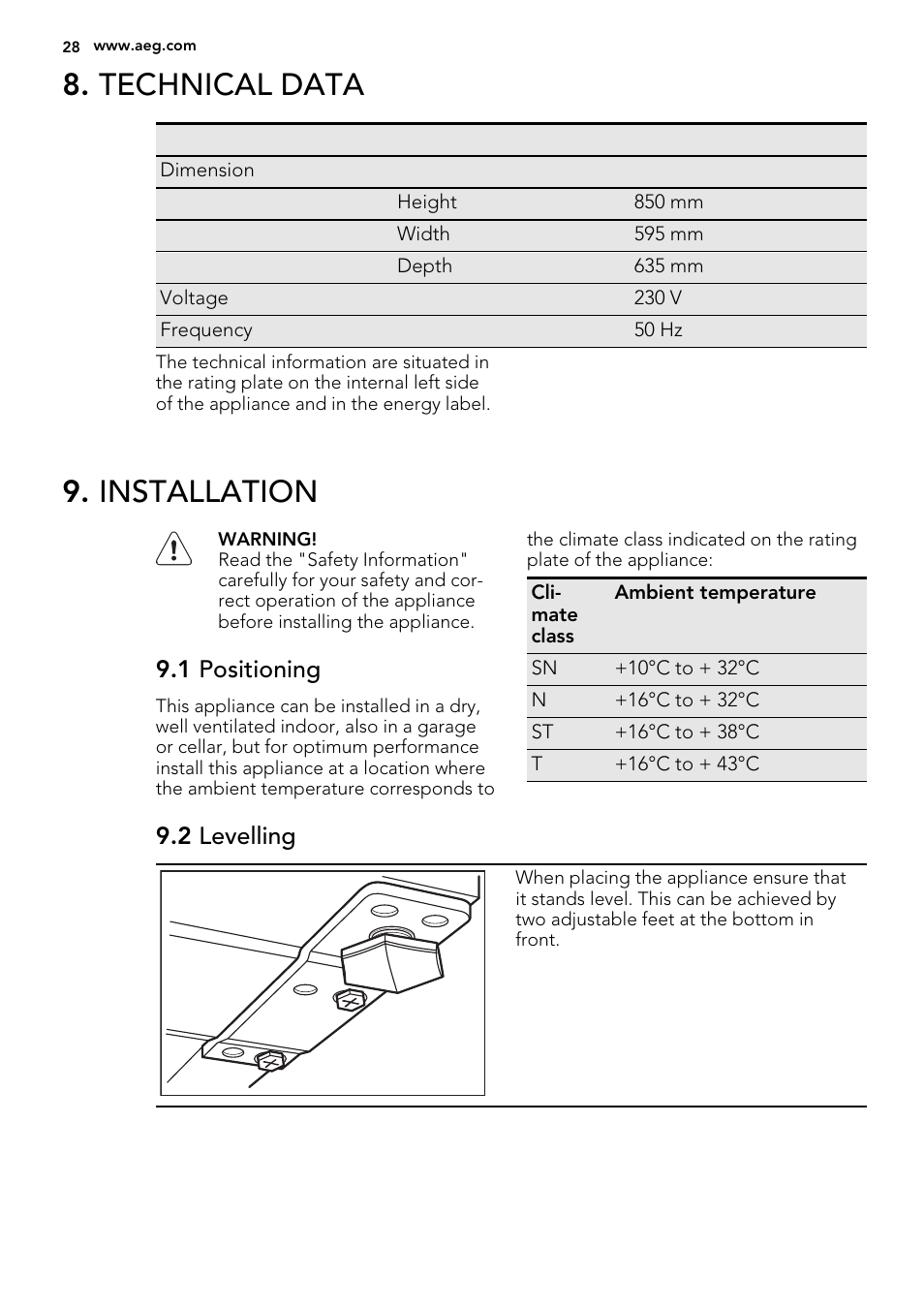 Technical data, Installation, 1 positioning | 2 levelling | AEG S71700TSX0 User Manual | Page 28 / 72