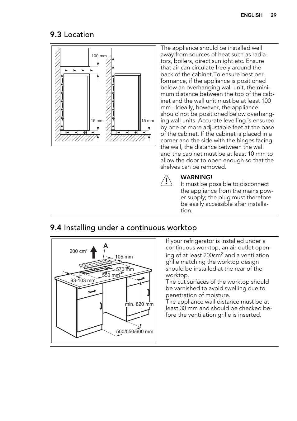 3 location, 4 installing under a continuous worktop | AEG S71700TSX0 User Manual | Page 29 / 72