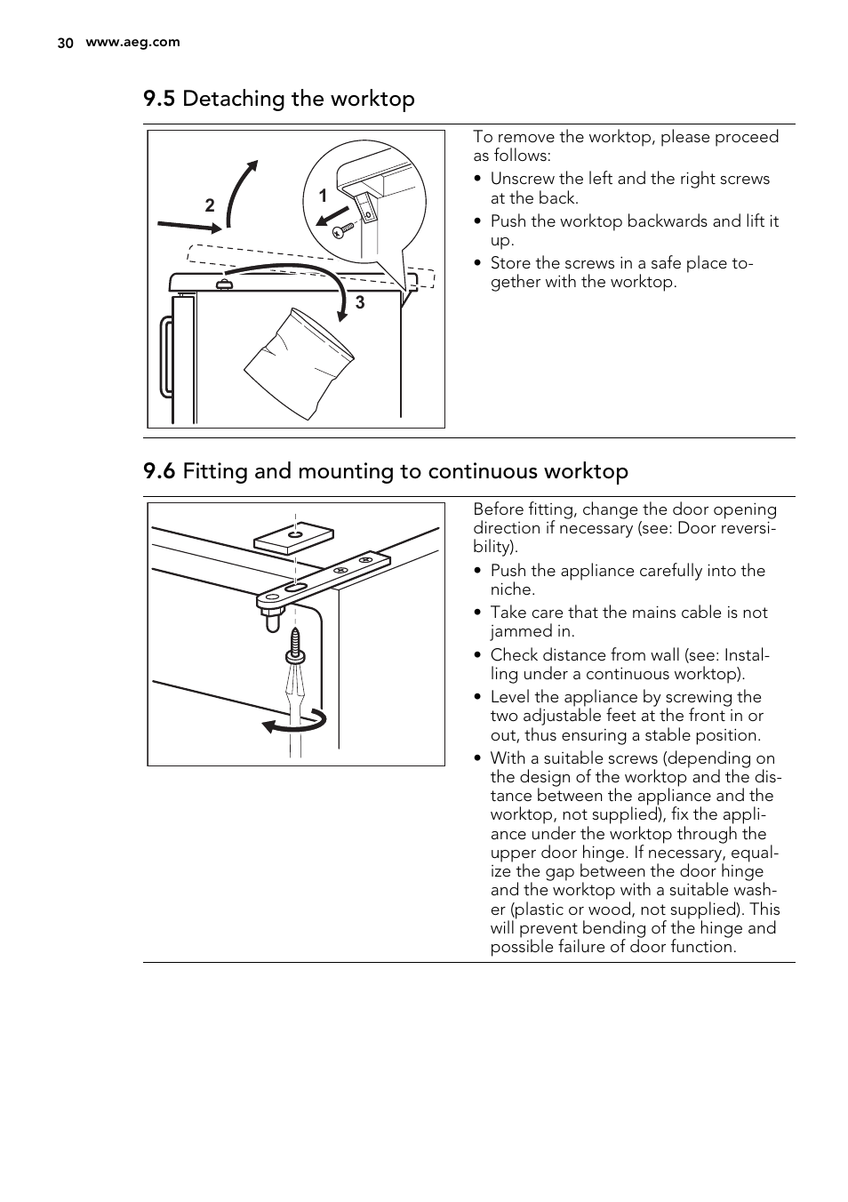 5 detaching the worktop, 6 fitting and mounting to continuous worktop | AEG S71700TSX0 User Manual | Page 30 / 72