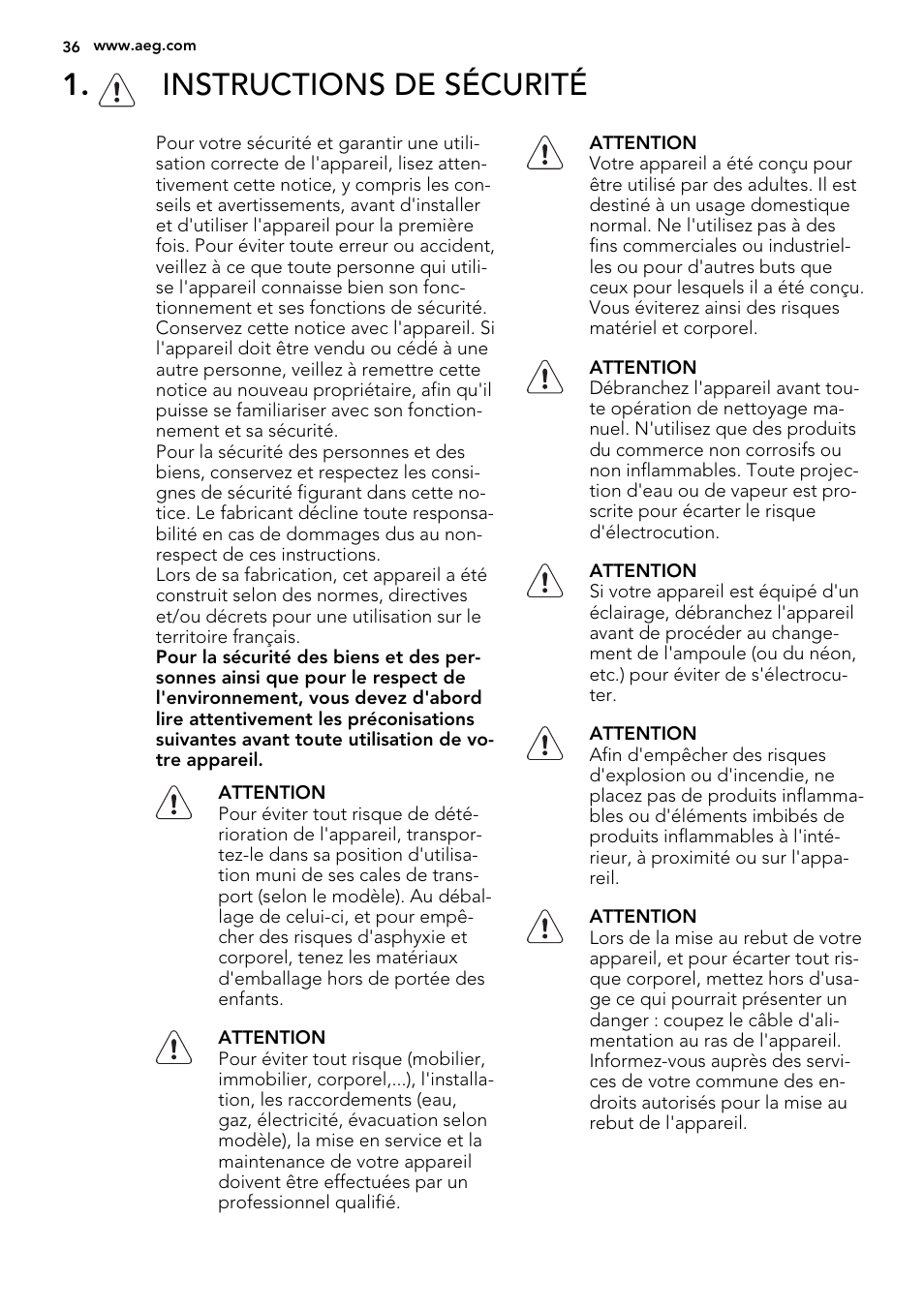 Instructions de sécurité | AEG S71700TSX0 User Manual | Page 36 / 72