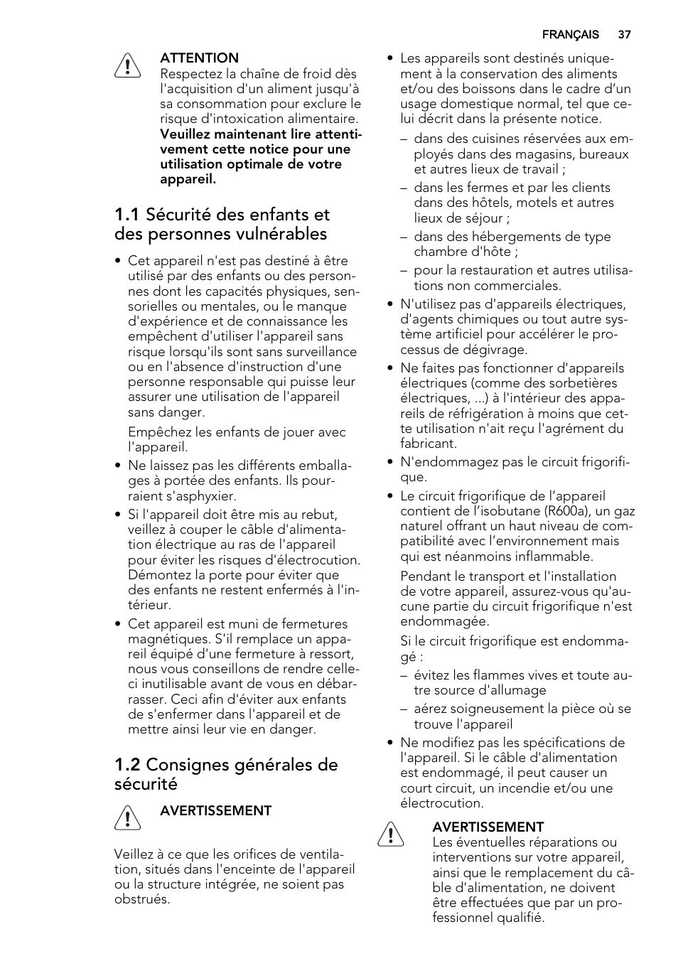 2 consignes générales de sécurité | AEG S71700TSX0 User Manual | Page 37 / 72