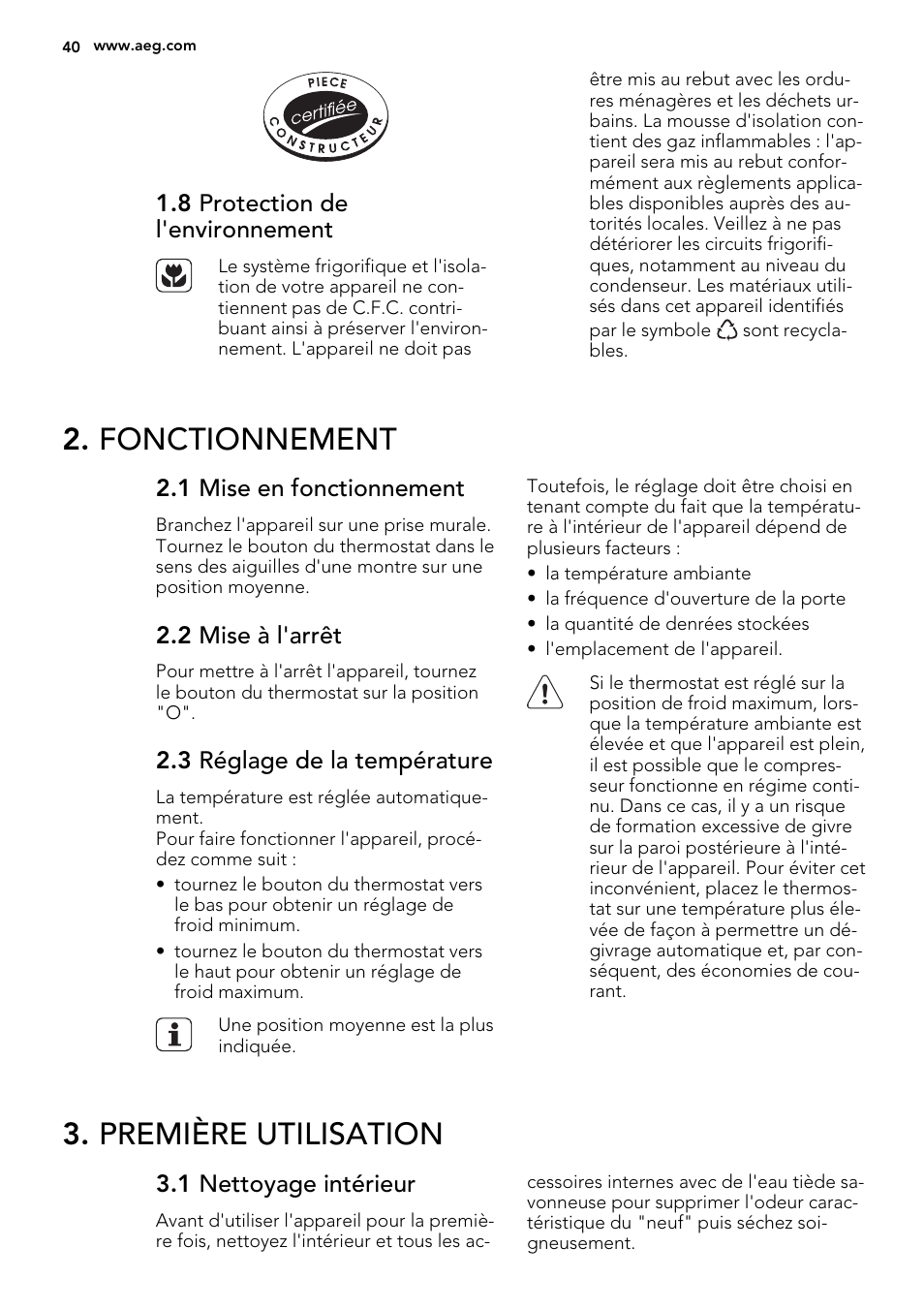 Fonctionnement, Première utilisation | AEG S71700TSX0 User Manual | Page 40 / 72